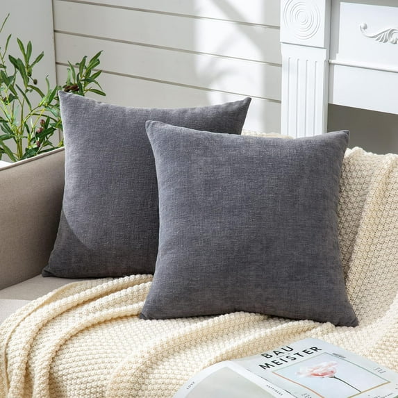 COOKCOK Decorative Square Throw Pillow Covers 18"x18" Inch Set of 2, Super Soft Chenille Pillows Cover Fall Pillowcase for Living Room Bedroom Sofa Couch Cushion Cover, Dark Grey