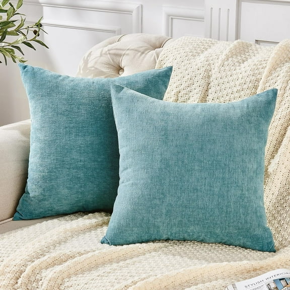 COOKCOK Decorative Square Throw Pillow Covers 18"x18" Inch Set of 2, Super Soft Chenille Pillows Cover Fall Pillowcase for Living Room Bedroom Sofa Couch Cushion Cover, Blue