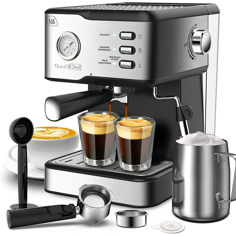 2- Cup Silver 20 Bar Espresso Machine with Milk Frother, 1.8L
