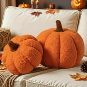 COOKCOK Fall Pumpkin Pillows Set of 2, Halloween Decoration Plush Throw Pillows Soft Fleece Sherpa Cute 3D Shaped Cushion for Sofa Couch Bedroom Autumn Thanksgiving, 12.6x8.7in & 9x5.9in, Orange