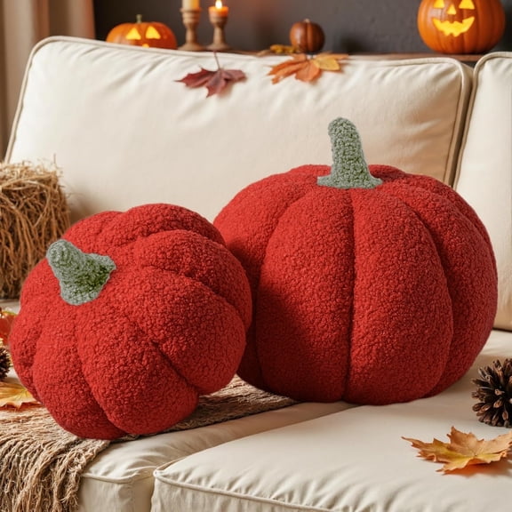 COOKCOK Fall Pumpkin Pillows Set of 2, Halloween Decoration Plush Throw Pillows Soft Fleece Sherpa Cute 3D Shaped Cushion for Sofa Couch Bedroom Autumn Thanksgiving, 12.6x8.7in & 9x5.9in, Red