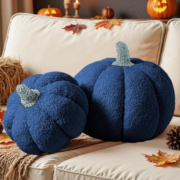 COOKCOK Fall Pumpkin Pillows Set of 2, Halloween Decoration Plush Throw Pillows Soft Fleece Sherpa Cute 3D Shaped Cushion for Sofa Couch Bedroom Autumn Thanksgiving, 12.6x8.7in & 9x5.9in, Blue