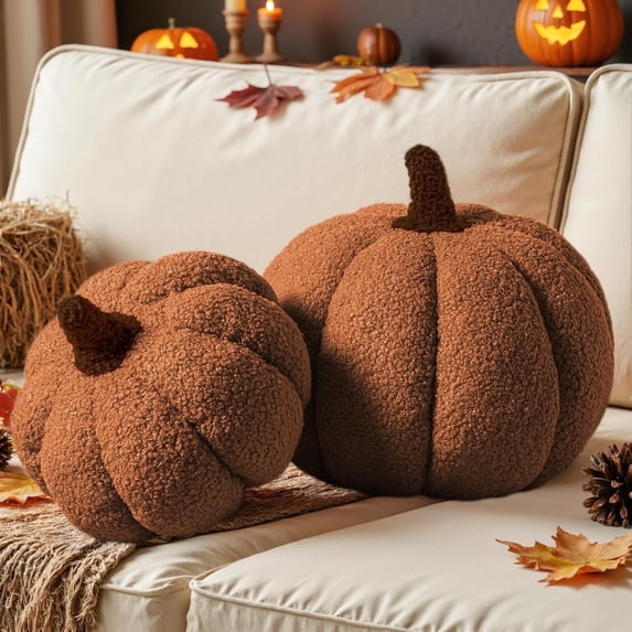 COOKCOK Fall Pumpkin Pillows Set of 2, Halloween Decoration Plush Throw Pillows Soft Fleece Sherpa Cute 3D Shaped Cushion for Sofa Couch Bedroom Autumn Thanksgiving, 12.6x8.7in & 9x5.9in, Brown