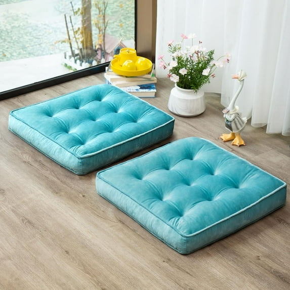 COOKCOK Floor Pillow Set of 2, Memory Foam Meditation Cushion, Floor Cushions for Adults Sitting, Large Square Seat Cushions for Yoga, Living Room, 20x20 Inch, Blue