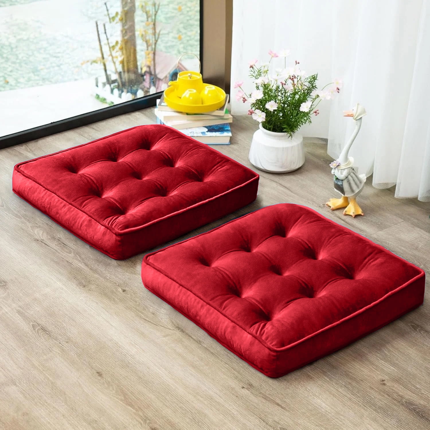 COOKCOK Floor Pillow Set of 2, Memory Foam Meditation Cushion, Floor Cushions for Adults Sitting, Large Square Seat Cushions for Yoga, Living Room, 20x20 Inch, Red