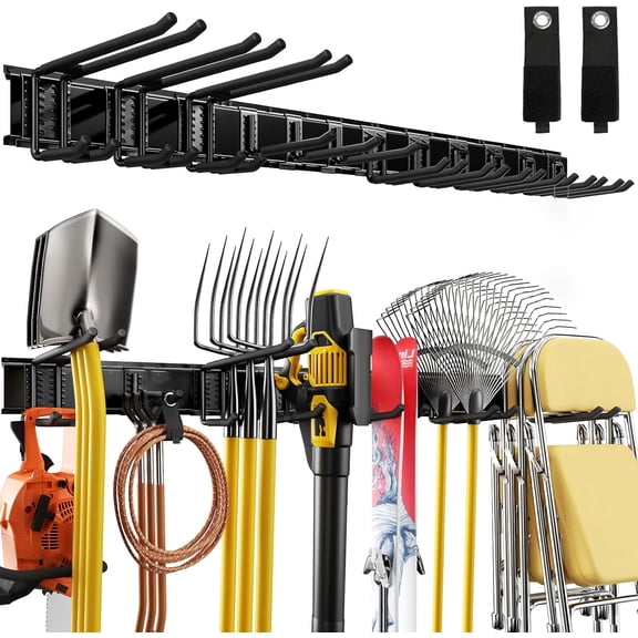 COOKCOK 48" Garage Tool Organizer Wall Mount, 440 lbs Heavy Duty Steel Garden Tool Storage Rack with 7 Adjustable Hooks for Yard, Shed, Garage (3 Racks, 7 Hooks, 4 Straps)