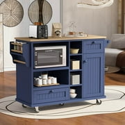 COOKCOK Kitchen Island Cart with Storage Cabinet, Rolling Mobile Kitchen Cart with Wood Desktop, Microwave Cabinet, Floor Standing Buffet Server Sideboard for Kitchen Room, Dining Room, Blue