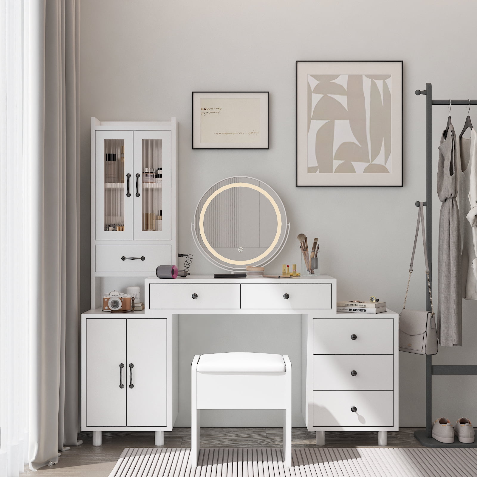 COOKCOK Makeup Vanity Desk with LED Mirror Retractable Dressing Table with Power Outlets Vanity Table with Side Cabinet and Nightstand Storage Shelves White Walmart