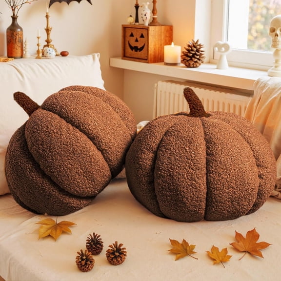 COOKCOK Pumpkin Pillows, Fall Pumpkin Pillow Set of 2, Large Size Throw Pillows Room Halloween Decoration Gifts, Teddy Fleece 14.2x10.2inch Accent Cushion for Holiday, Friends Gift, Brown