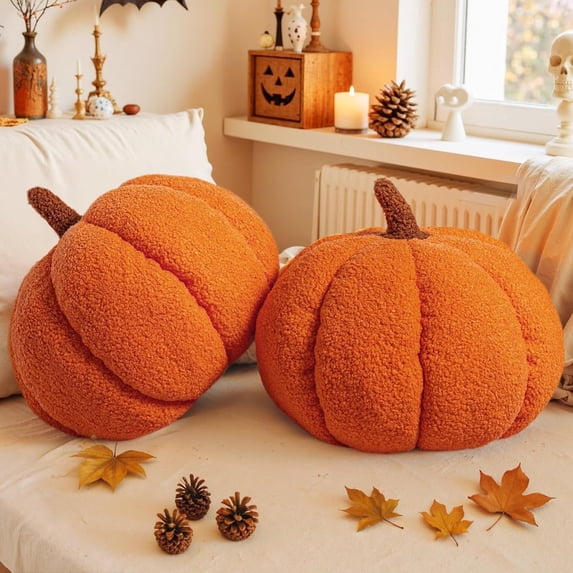COOKCOK Pumpkin Pillows, Fall Pumpkin Pillow Set of 2, Large Size Throw Pillows Room Halloween Decoration Gifts, Teddy Fleece 14.2x10.2inch Accent Cushion for Holiday, Friends Gift, Orange
