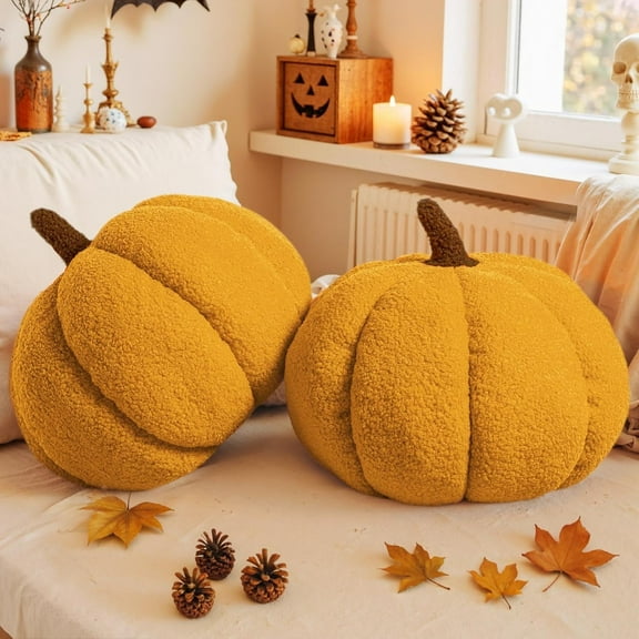 COOKCOK Pumpkin Pillows, Fall Pumpkin Pillow Set of 2, Large Size Throw Pillows Room Halloween Decoration Gifts, Teddy Fleece 14.2x10.2inch Accent Cushion for Holiday, Friends Gift, Yellow