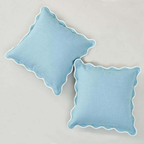 COOKCOK Scalloped Throw Pillow Covers Set of 2 for Living Room, Cotton & Linen, Boho Sytle Decorative Home. Fabric Feels a Little Stiff, Because Scalloped Edges Require, 18 x 18 Inch, Blue