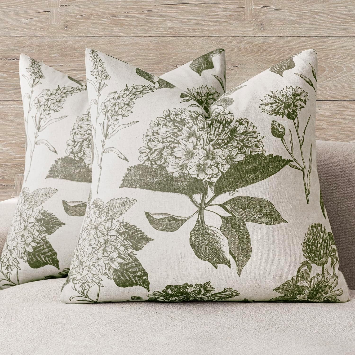 COOKCOK Set of 2 Linen Floral Vintage Throw Pillow Covers Neutral Accent Print Decorative Cushion Covers Farmhouse Home Decor for Sofa Chair Couch Bedroom Living Room Outdoor, 18"18", Light Green