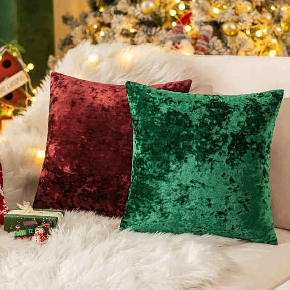 COOKCOK Set of 2 Red Green Decorative Velvet Throw Pillow Covers 18x18 Inches, Soft Neutral Accent Pillow Cases with Vintage Textured Farmhouse Couch Cushion Covers for Luxurious Home Decor