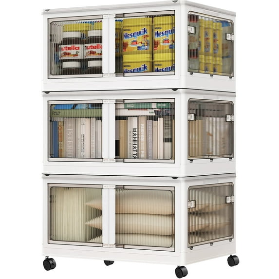 COOKCOK Storage Bins with Lids, Foldable Plastic Storage Container with Door, 3 Pack Stackable Collapsible Storage Bins for Closet Organizers and Storage, Secure Lock, 23.6"x 16.5"x 39.6"
