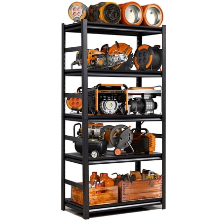 COOKCOK Storage Shelving Unit, 5-Tier Metal Shelf, 31.5"x15.7"x63", Adjustable Garage Shelves, Load 2000LBS, Kitchen Shelf with Protective Side, Black