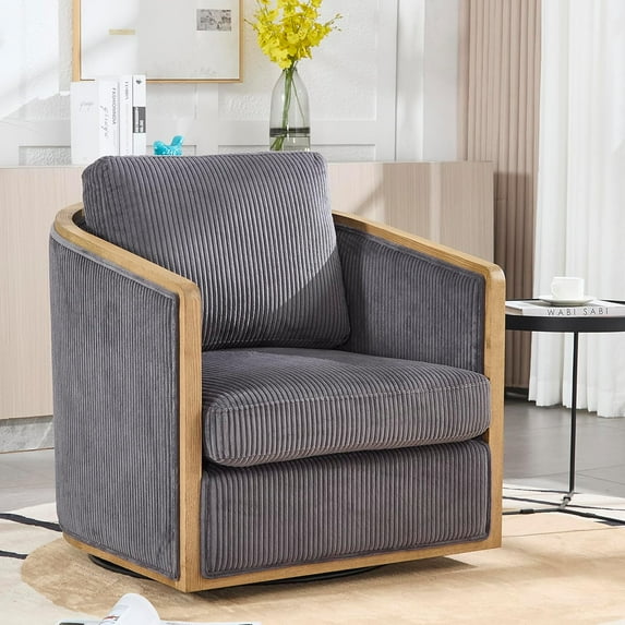 COOKCOK Swivel Accent Chair Armchair, Comfortable Accent Sofa Chair for Living Room, 360 Degree Swivel Barrel Club Chair, Corduroy Leisure Arm Chair for Living Room, Bedroom, Hotel, Office, Gray