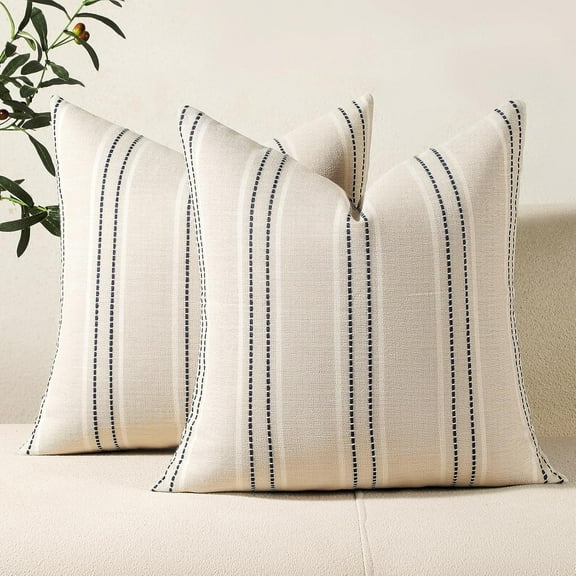 COOKCOK Throw Pillow Covers 18x18 Set of 2 Striped Pillow Covers Textured Linen Decorative Pillows Square Cushion Covers for Sofa Couch Bed Living Room Farmhouse Decor, Navy Blue