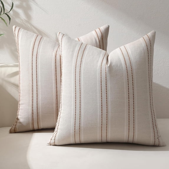 COOKCOK Throw Pillow Covers 20x20 Set of 2 Striped Pillow Covers Textured Linen Decorative Pillows Square Cushion Covers for Sofa Couch Bed Living Room Farmhouse Decor, Brown