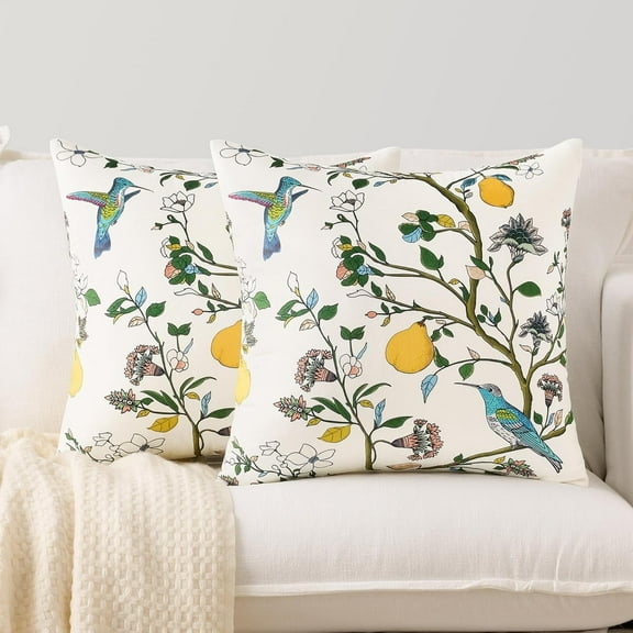 COOKCOK White Floral Pillow Covers 18x18 Set of 2, Velvet Wild Flower Plant Throw Pillows Case, Square Farmhouse Decor Cushion Covers for Home Sofa Bed Couch