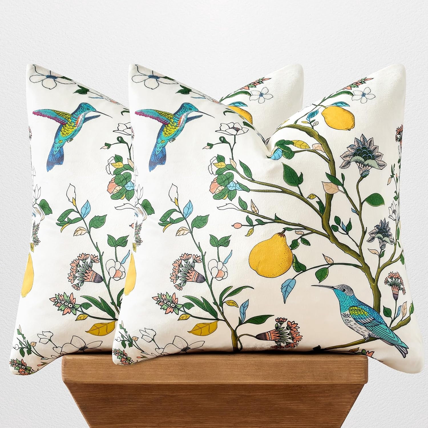 COOKCOK White Floral Pillow Covers 18x18 Set of 2, Velvet Wild Flower Plant Throw Pillows Case, Square Farmhouse Decor Cushion Covers for Home Sofa Bed Couch