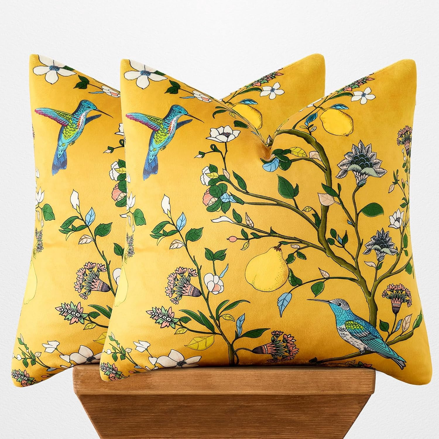 COOKCOK Yellow Floral Pillow Covers 18x18 Set of 2, Velvet Wild Flower Plant Throw Pillows Case, Square Farmhouse Decor Cushion Covers for Home Sofa Bed Couch