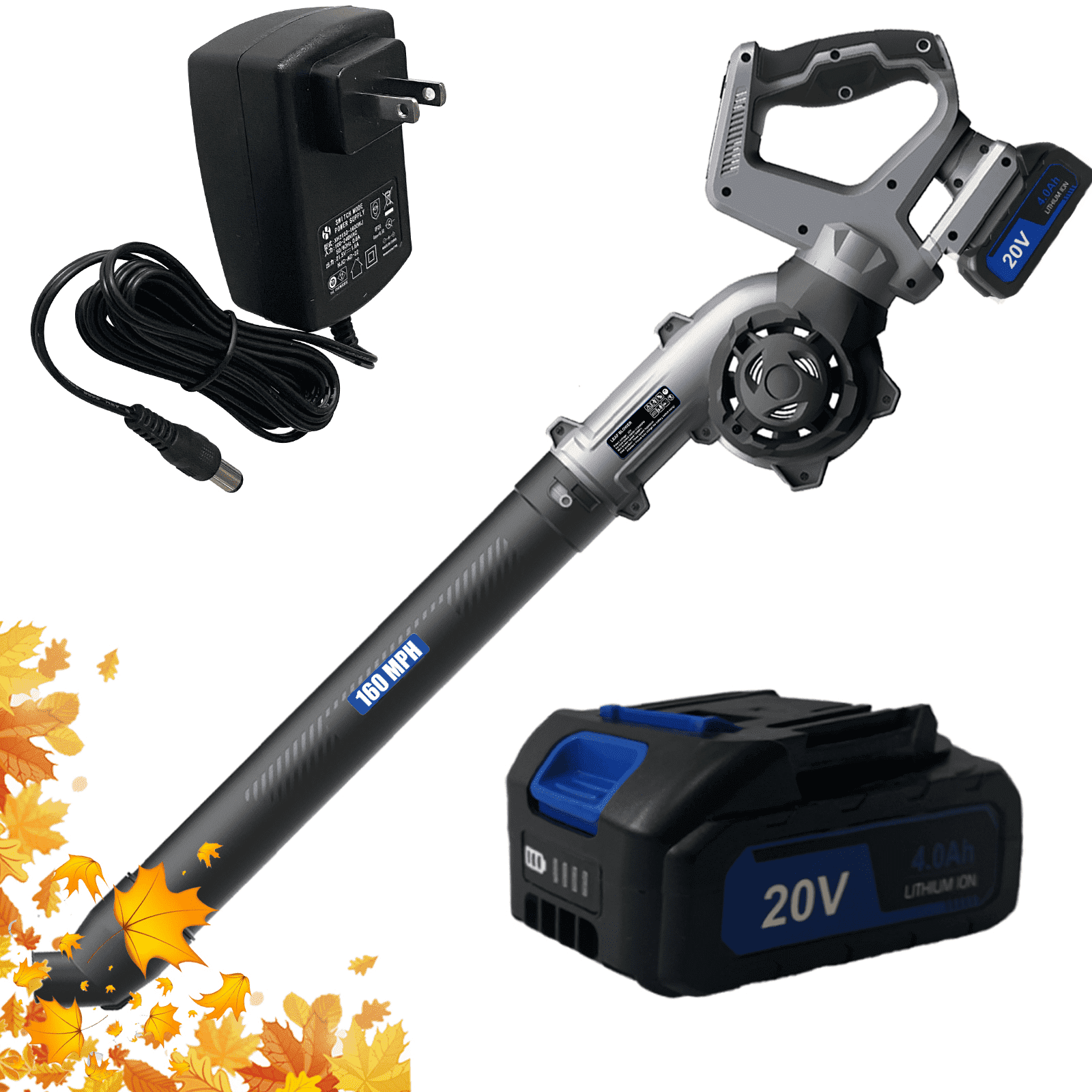 COOKEY Leaf Blower Cordless, 160 CFM & 3 Speed Levels Brushless Electric Blower with 4.0Ah Battery and Charger, 3 Extension Tubes, Lightweight Battery Leaf blower for Lawn Care,Garage, Garden, Yard