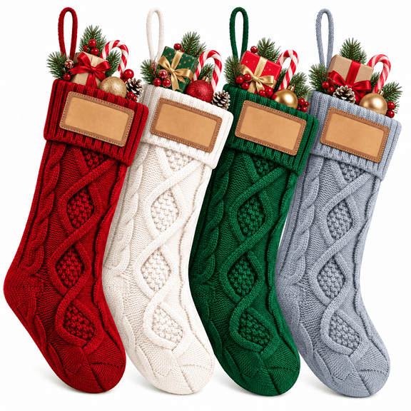 COOKEY 4 Pack Personalized Cable Knit Christmas Stockings with Leather Name Patches, for Fireplace Mantel, Red White Green Beige