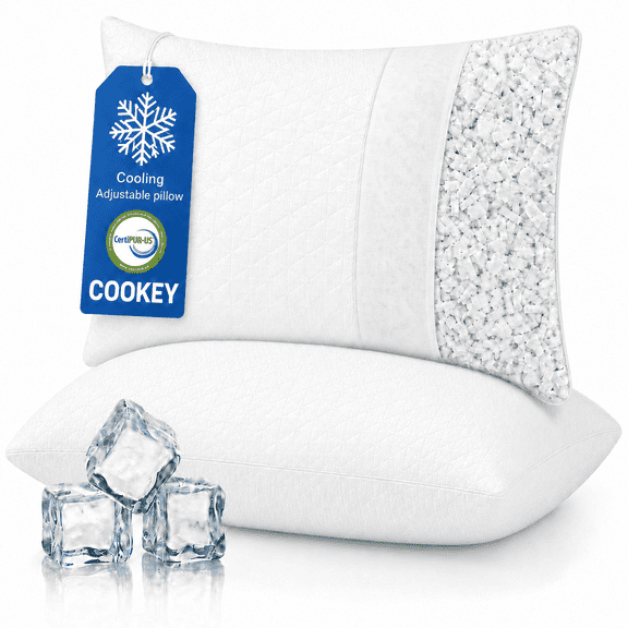 COOKEY Cooling Pillows Queen Size Set of 2, Shredded Memory Foam Pillows with Zipper, Adjustable Firmness Queen Pillow for Hot Sleepers, Side Back Stomach Sleepers, 20"x30"