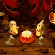 COOKEY Glow-in-the-Dark Ghost Campfire Halloween Figurine Set, Cute & Cozy Resin Halloween Decor with Ghost Dog and Cat & LED Tea Light Holder for Mantel, Shelf, Desk