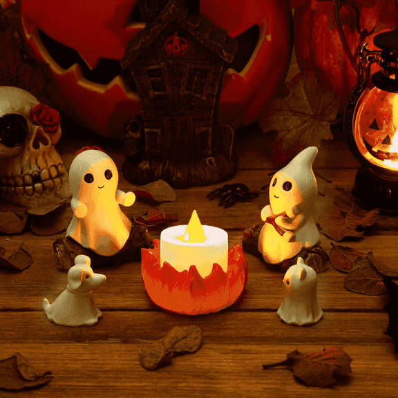 COOKEY Glow-in-the-Dark Ghost Campfire Halloween Figurine Set, Cute & Cozy Resin Halloween Decor with Ghost Dog and Cat & LED Tea Light Holder for Mantel, Shelf, Desk