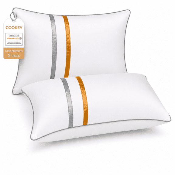 COOKEY Pillow for Bed Queen Size Set of 2, 20 x 30 Down Alternative Pillows with Gel Fiber Fill and Satin Ribbon, Gusseted Hotel Bed Pillows for Side Back Stomach Sleepers, White