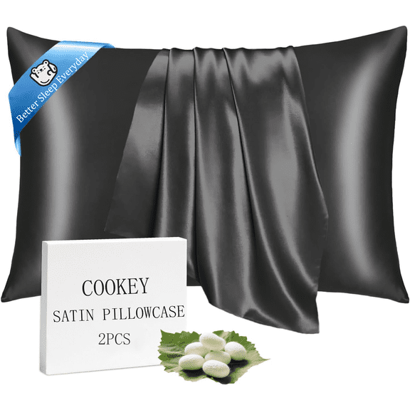 COOKEY Satin Pillowcase King Size 20"x36" Set of 2 – Silky Soft Polyester Envelope Closure Pillow Case for Hair and Skin (Black)
