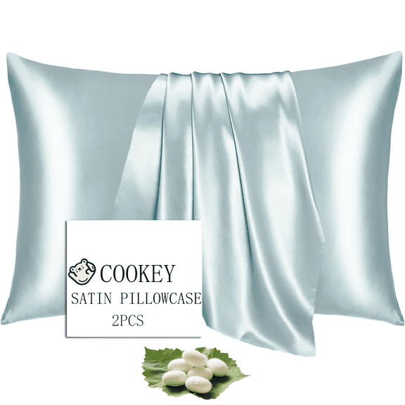 COOKEY Satin Pillowcase Queen Size 20"x30" Set of 2 – Silky Soft Polyester Envelope Closure Pillow Case for Hair and Skin (Ice Blue)