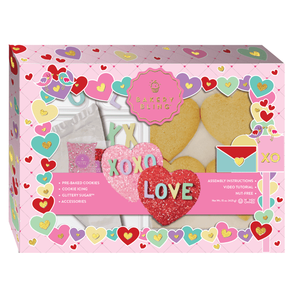 Bakery Bling Valentines Day Cookie Decorating Kit, Pre-Baked Conversation Heart Sugar Cookies with Royal Icing & Edible Glitter Decorations, No Baking Required