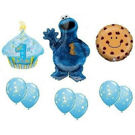 COOKIE MONSTER 1st First Birthday Boy Cupcake Party Mylar & Latex Balloons Set B