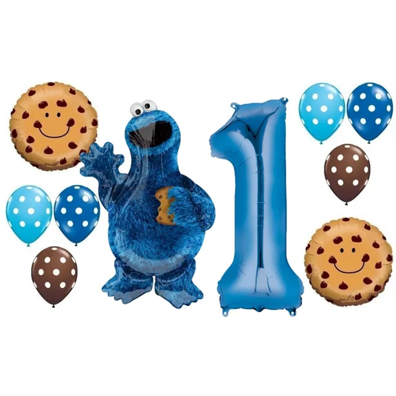 COOKIE MONSTER Choc Chip Dots First 1st Birthday Party 10 Piece Mylar & Latex BALLOONS Set