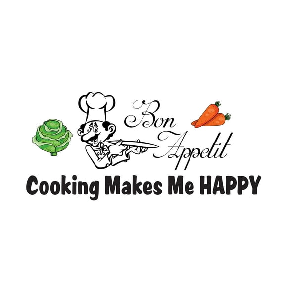 COOKING - Vinyl Home Cooking Chef Vegetables Clipart Décor Sticker Bon Appetit Lettering Art Design Cooking Makes Me Happy Quote Kitchen Wall Decal 10" x 5"