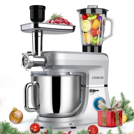 COOKLEE Stand Mixer, 660W 8.5Qt 6 in 1 Multifunctional Household Stand Mixer with Dough Hook, Whisk, Beater, Meat Grinder,Pasta,Sausage Kit & Cookie Maker-Silver