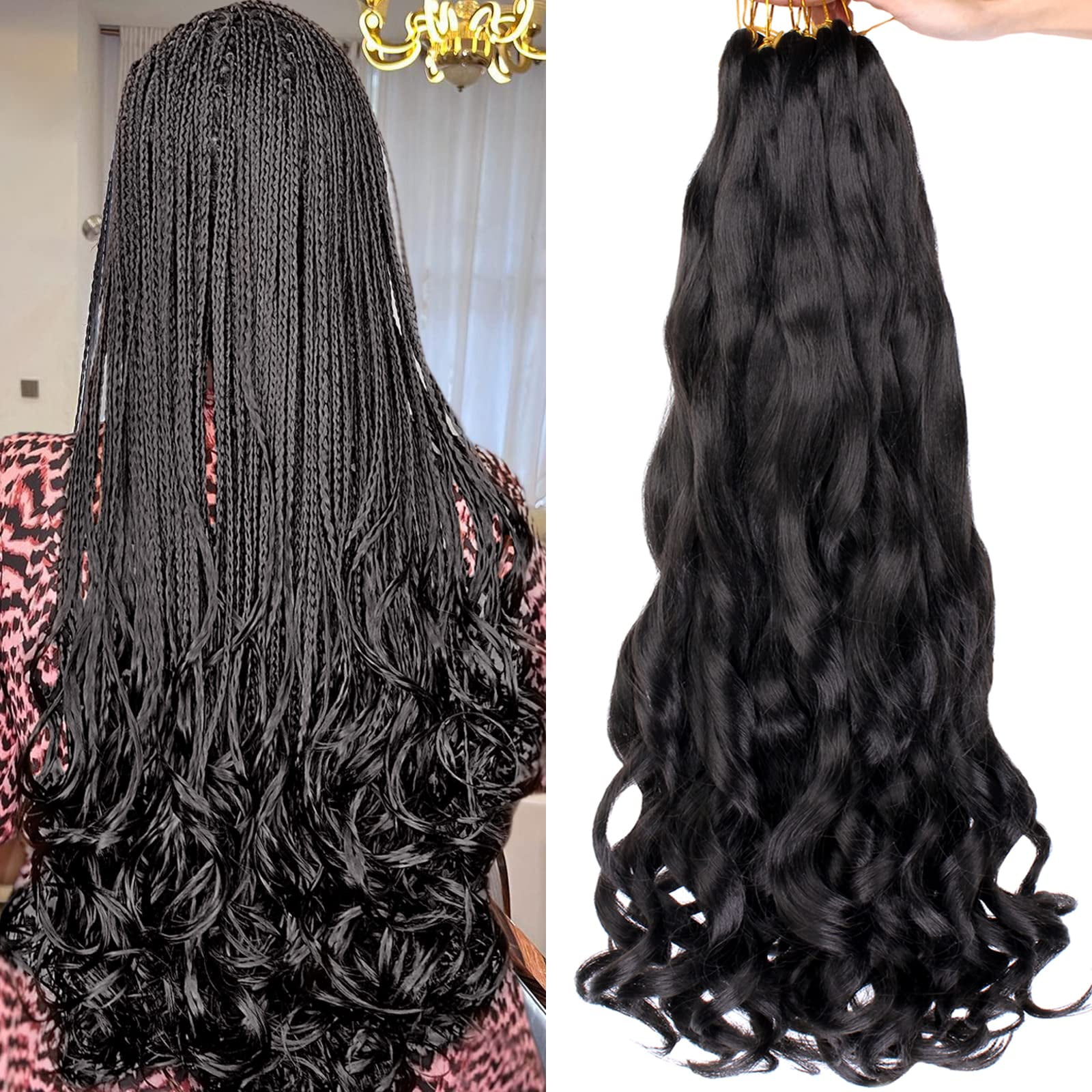 COOKOO 9 Packs 22 Inch French Curl Braids Hair Natural Black Pre Stretched Bouncy Braiding Hair Loose Wavy Crochet Braids Hair French Curls Synthetic Hair Extensions for Boho Box Braids 1B#