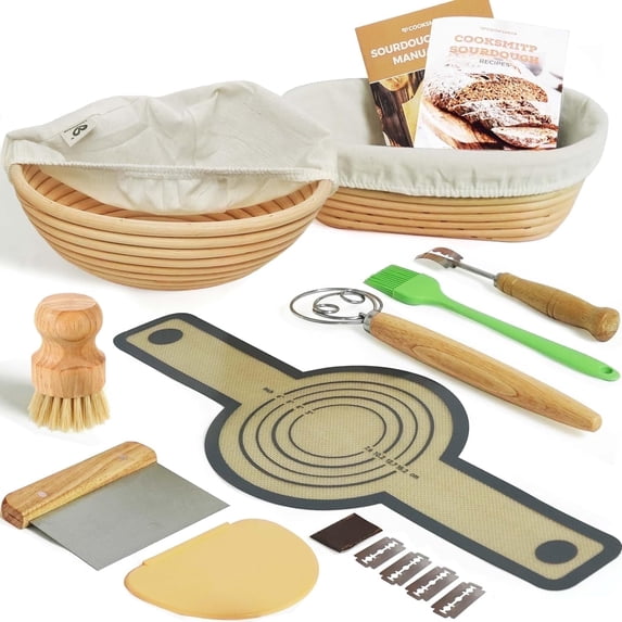 COOKSMITP Bread Proofing Basket Set, 9" Round & 10" Oval, A Complete Sourdough Starter Kit with Bread Sling, Brush, Bread Lame, Dough Whisk, Bowl Scraper, Dough Scraper - Sourdough Tools and Supplies