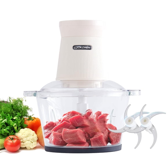 COOKZHOM 500W Food Processor, White Meat Grinder with Glass Bowl 8 Cup, Electric Food Chopper with 2 Sharp Blade Sets for Meat, Fruits, Vegetables, Baby Food, Nuts, 2 Speed Y101