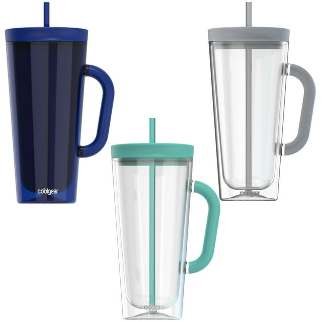 COOL GEAR 3-Pack 26 oz Spritz Tumbler with Straw and Handle | Dual Function Closure, Colored Re-Usable Tumbler Water Bottle with Straw and Handle - Variety Pack