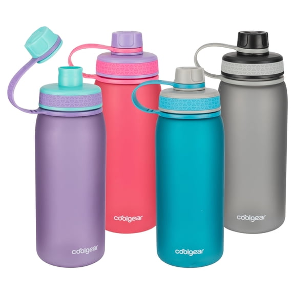 COOL GEAR 4-Pack 32 oz System Chugger Bottle | Large Capacity Water Bottle Keeps Drinks Cold for Gym, Outdoors, Travel - Blue/Purple/Gray/Pink (Soft Touch)