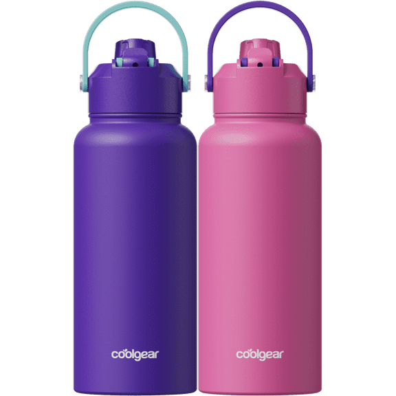 COOL GEAR Journey Stainless Steel Water Bottle, Reusable Bottle with Handle, 2 Pack, BPA Free, 32 oz - Petal/Violet