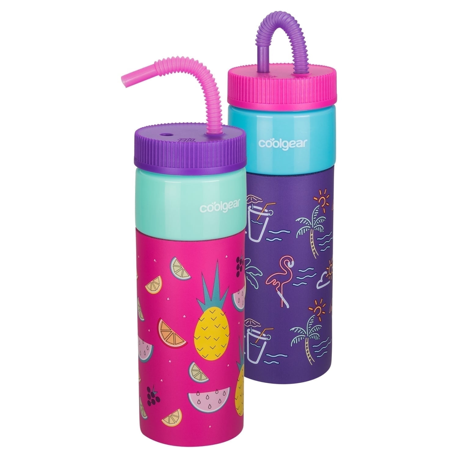 COOLGEAR GO GRIP 24oz 2-Pack Retro Squishy Water Bottle | Cute Printed Design, Foam Grip, Resealable Bendy Straw | Dishwasher Safe - Summer Drinkware for Kids, Adults, Gifts - Fruit Pink & Summer