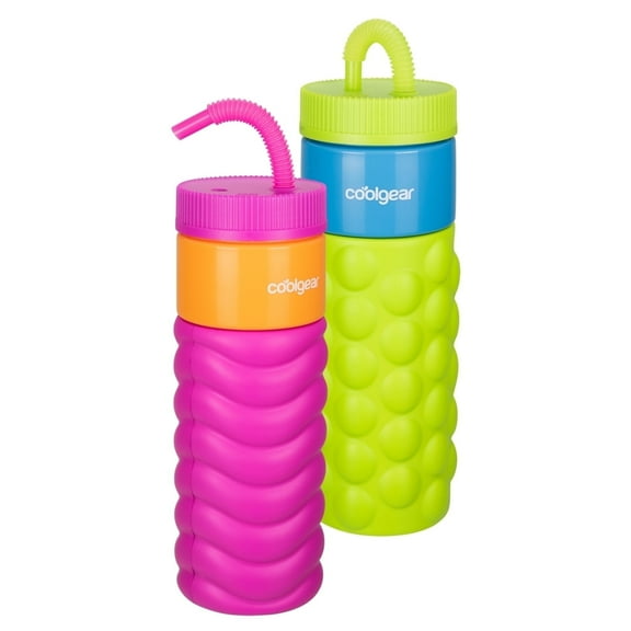 COOLGEAR GO GRIP 24oz 2-PackRetro Squishy Water Bottle | Cute Printed Design, Foam Grip, Resealable Bendy Straw | Dishwasher Safe - Summer Drinkware for Kids, Adults, Gifts - Pink & Bubble Green