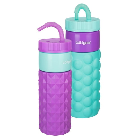 COOLGEAR GO GRIP 24oz 2-PackRetro Squishy Water Bottle | Cute Printed Design, Foam Grip, Resealable Bendy Straw | Dishwasher Safe - Summer Drinkware for Kids, Adults, Gifts - Bubble Teal & Prism