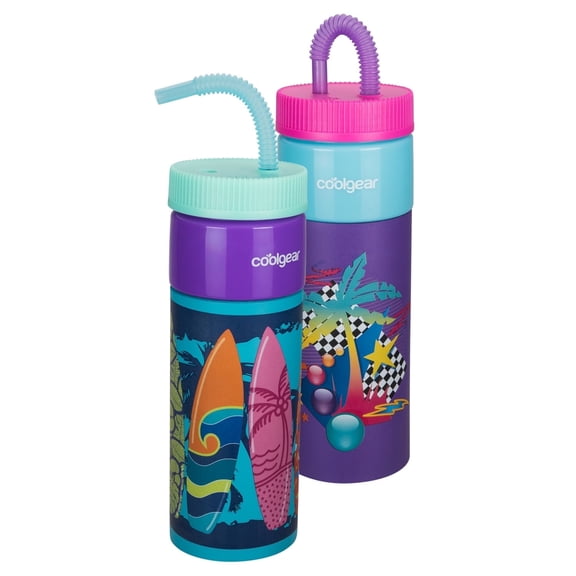 COOLGEAR GO GRIP 24oz 2-PackRetro Squishy Water Bottle | Cute Printed Design, Foam Grip, Resealable Bendy Straw | Dishwasher Safe - Summer Drinkware for Kids, Gifts - Retro & Purple Surfboard