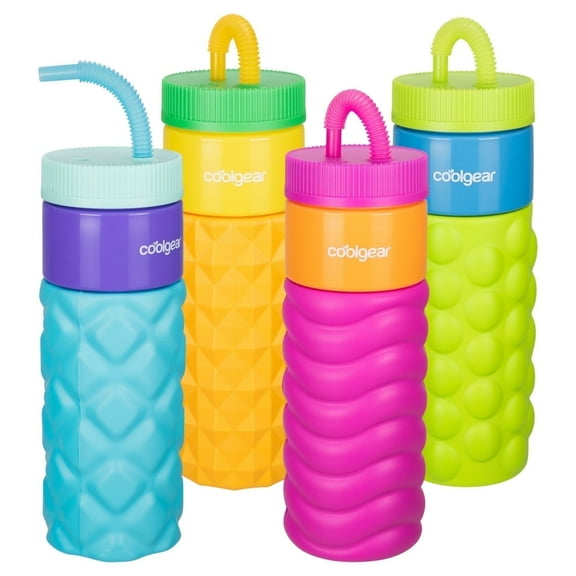 COOLGEAR GO GRIP 24oz 4-Pack Retro Squishy Water Bottle | Cute Printed Design, Foam Grip, Resealable Bendy Straw | Dishwasher Safe - Summer Drinkware for Kids, Adults, Gifts - Textured Variety